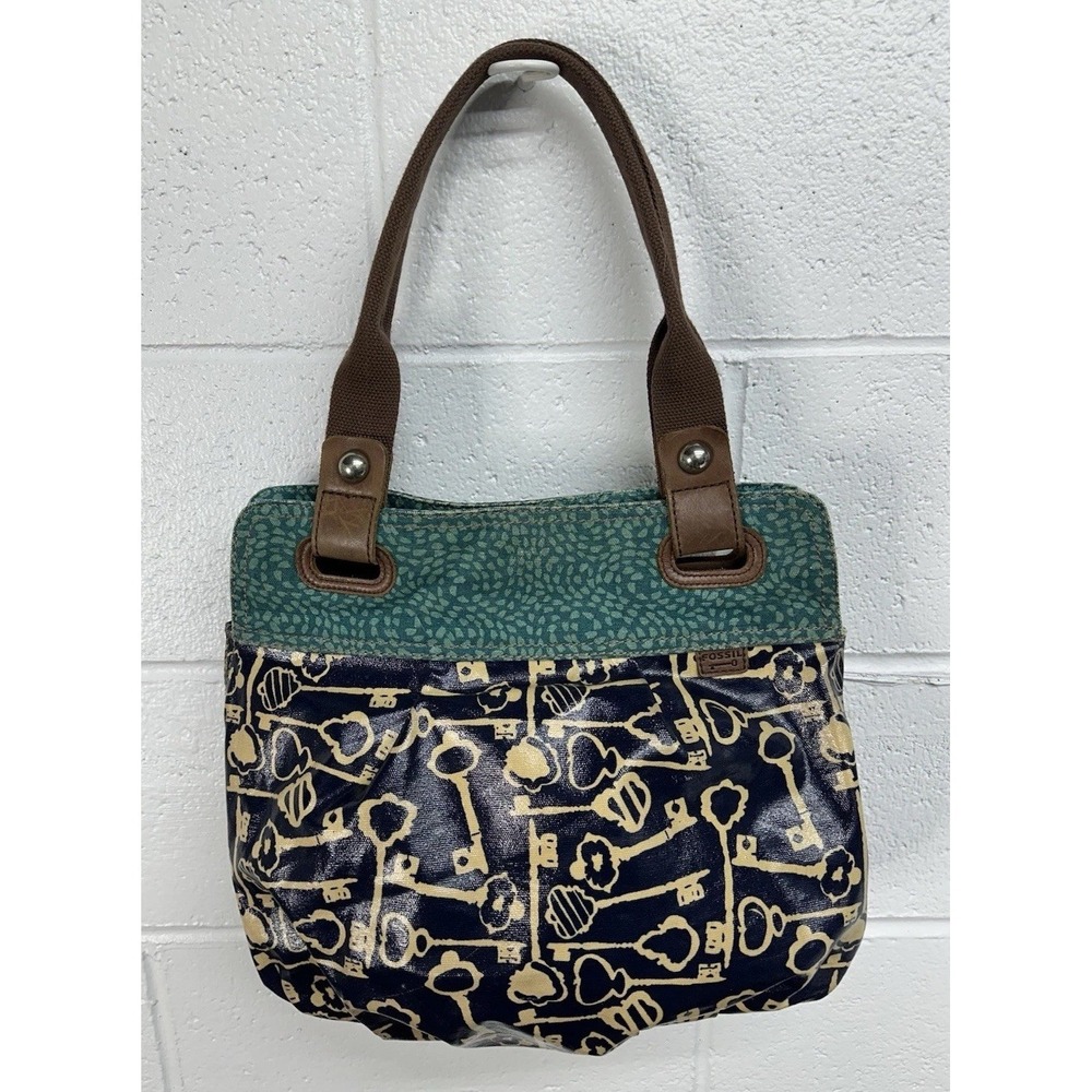 Vtg Fossil Key-Per Blue Coated Canvas MONOGRAM LOGO Hand Bag TOTE Shoulder Purse